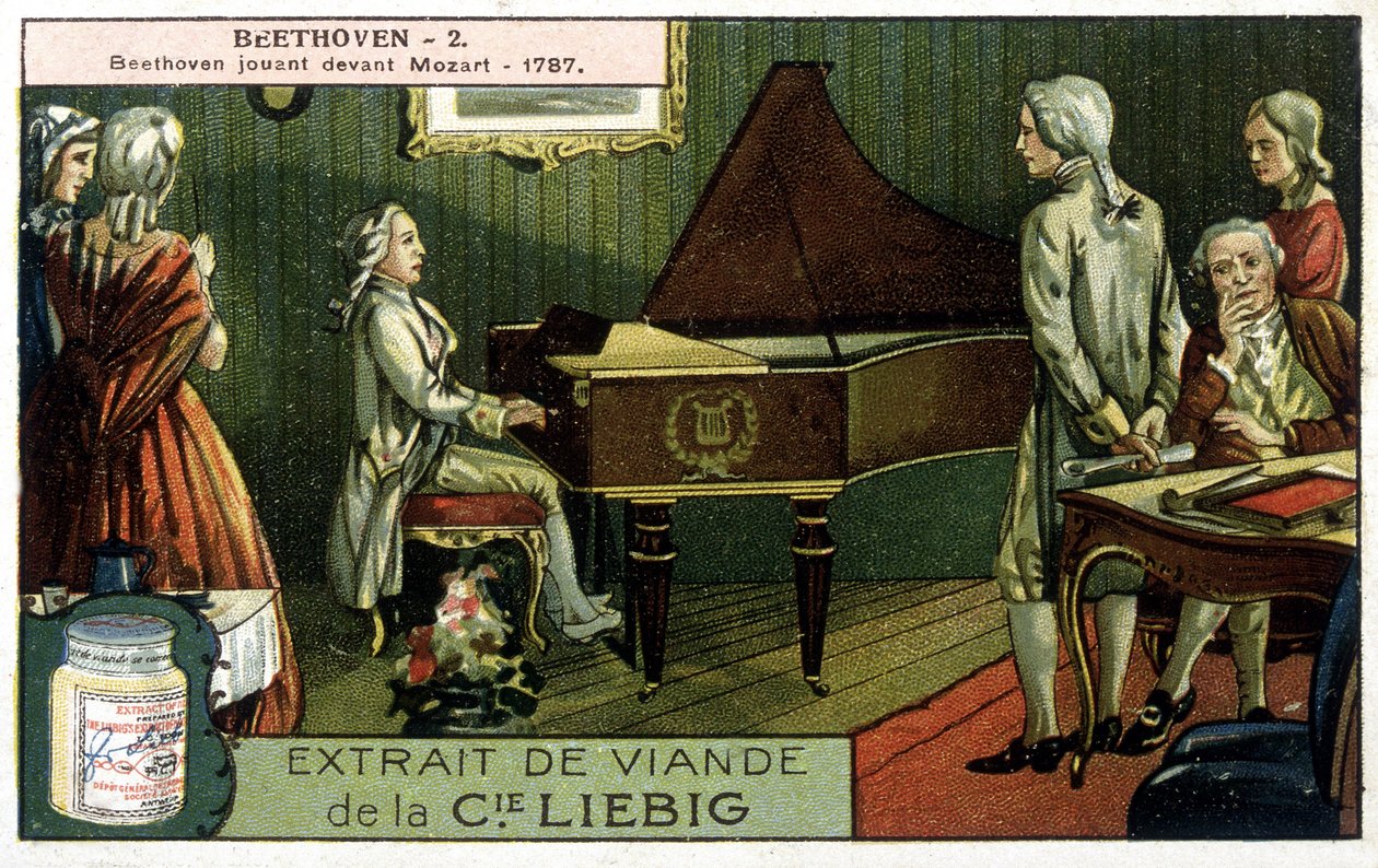 Liebig chromolithography. Ludwig van Beethoven (1770-1827) plays before Wolfgang Amadeus Mozart (1756-1791). Here in 1787 by Unknown artist