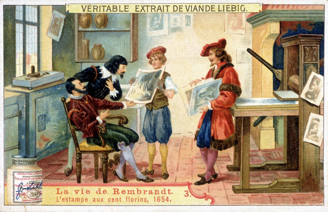 Liebig Chromolithography on the Life of Rembrandt (1606-1669), Dutch Painter. This is the 100 Guilder Print in 1654 by Unknown artist