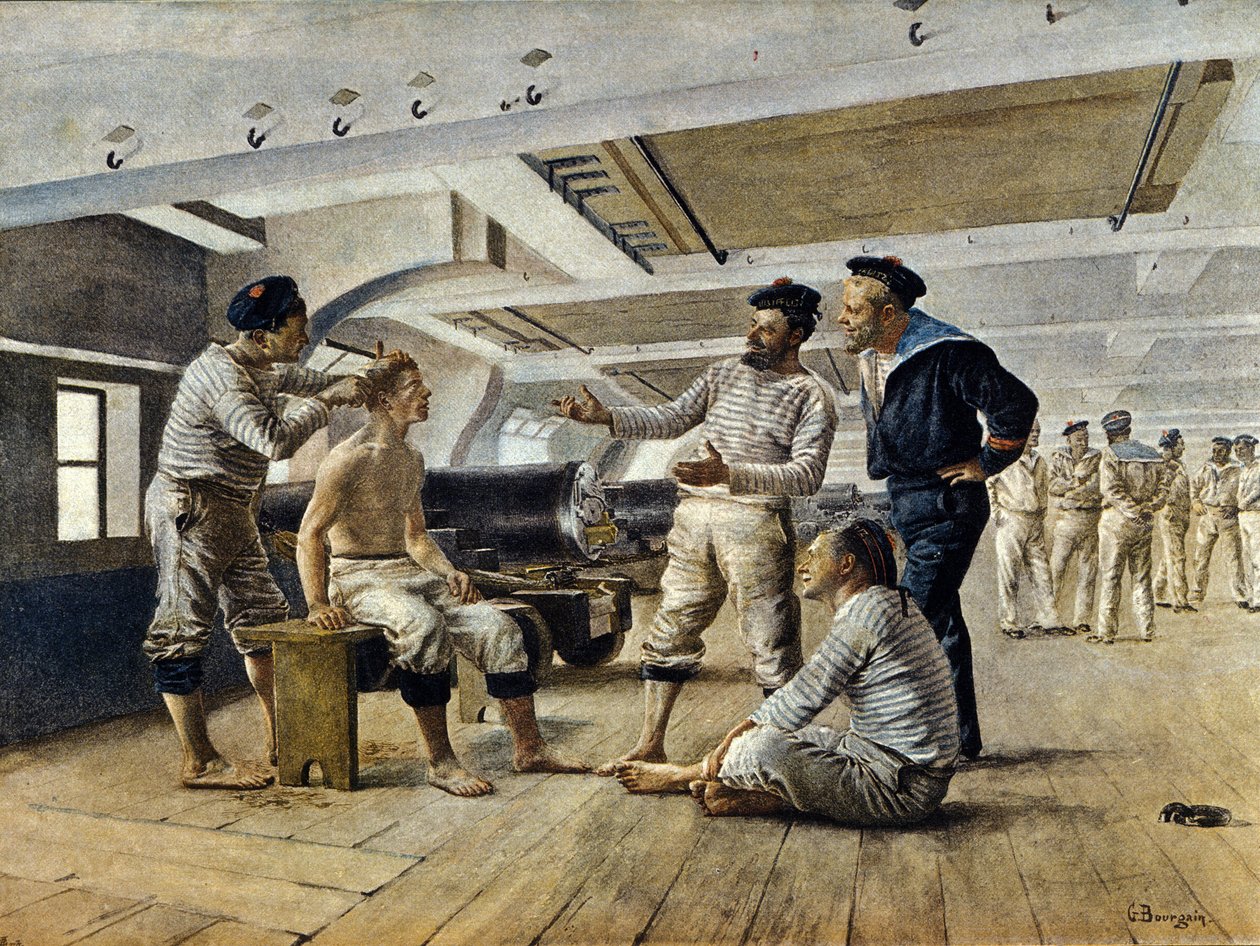 Life aboard a French warship: the ship barber shaves the sailors, c.1800 by Unknown artist