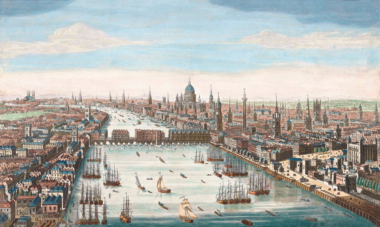 London in the 18th Century, View up the River Thames to London Bridge and St Paul