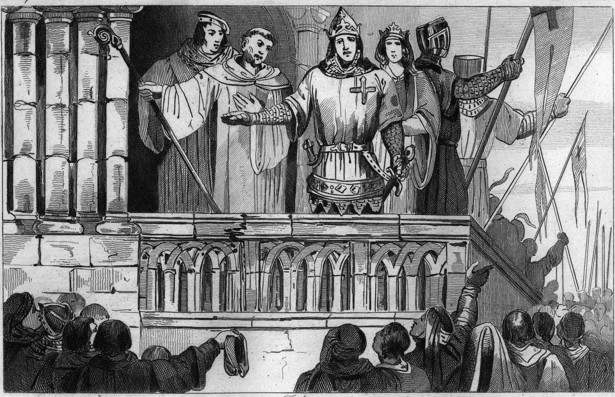 Louis VII (1120-80) the Young raises support for the Second Crusade in 1144 - Louis VII undertakes the 2nd Crusade after the advice of Saint Bernard de Clairvaux - Engraving 1825 in Histoire de France represented by synoptic by Unknown artist
