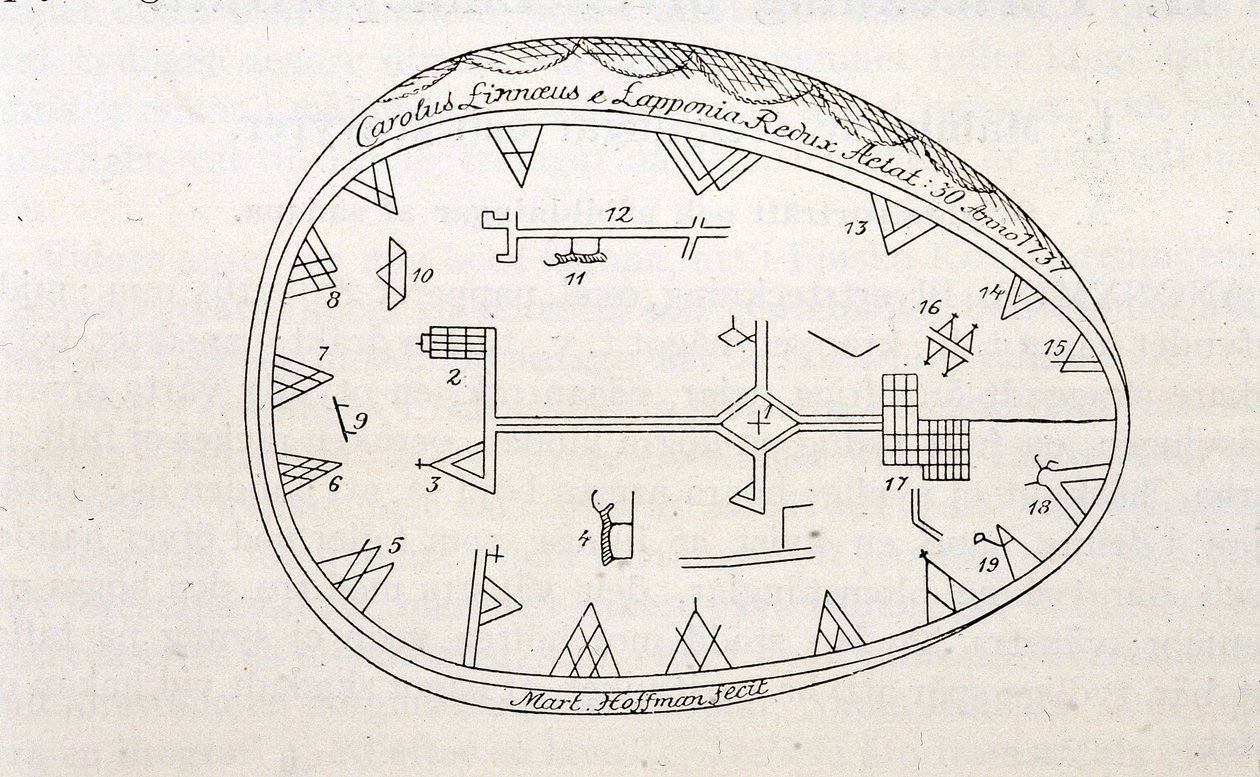 Magic drum of shamans in Lapland, illustration of a book on Linne