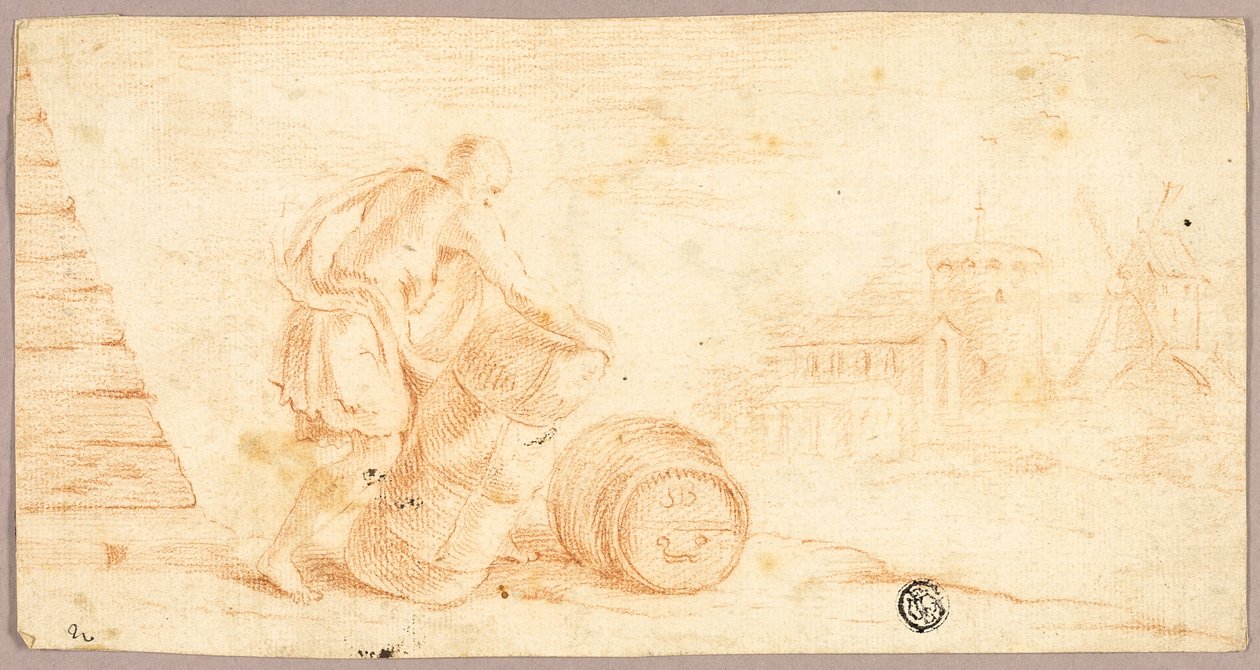 Man Moving Bale, Cask, with Windmill in Distance by Unknown artist