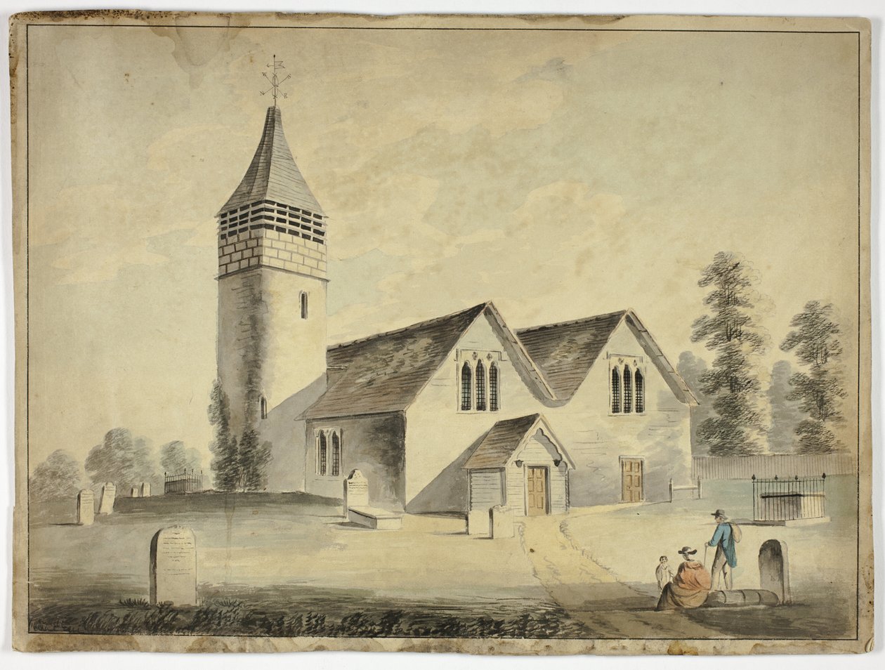 Man, Woman and Child in Churchyard Cemetery by Unknown artist