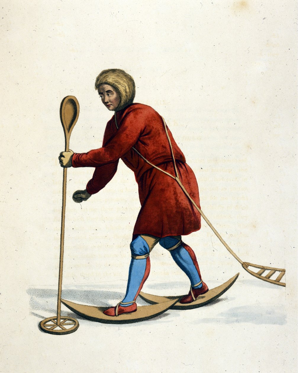 Man of the Ostiak tribe (Khanty or Khante) (Siberia) skiing. Engraving from 