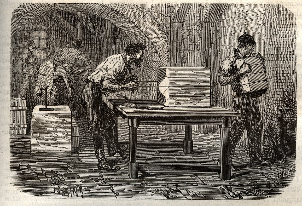 Manufacture of soap - Cutting a soap loaf from Marseille into bars, using a wire - engraving in 