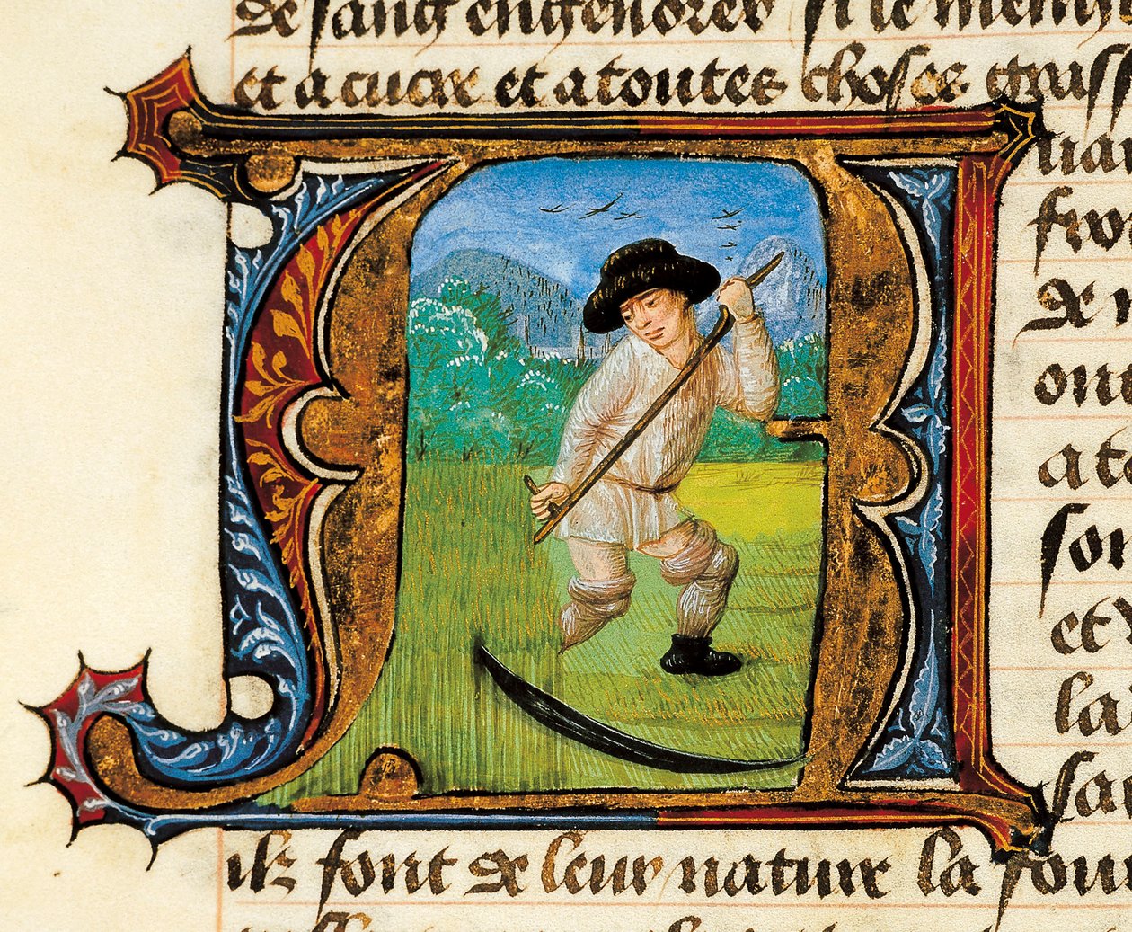 Medicine: a peasant mowing the wheat. Miniature taken from the Treatise on Medicine by Aldebrande de Florence by Unknown artist