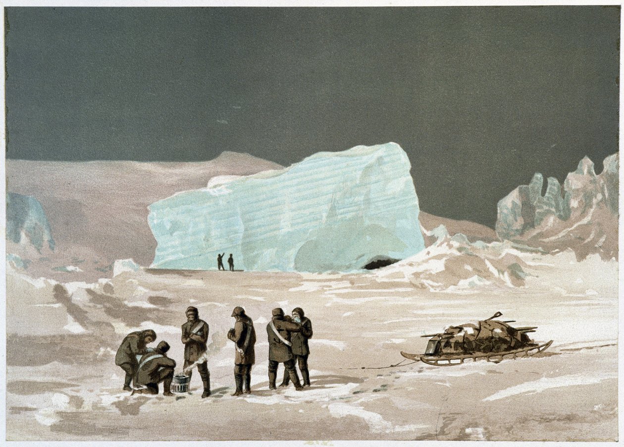 Men and sleigh on the ice - in "The shores of the polar sea, an Arctic expedition narration", by Dr. Edward Moos, Marcus Nard & Co, London by Unknown artist
