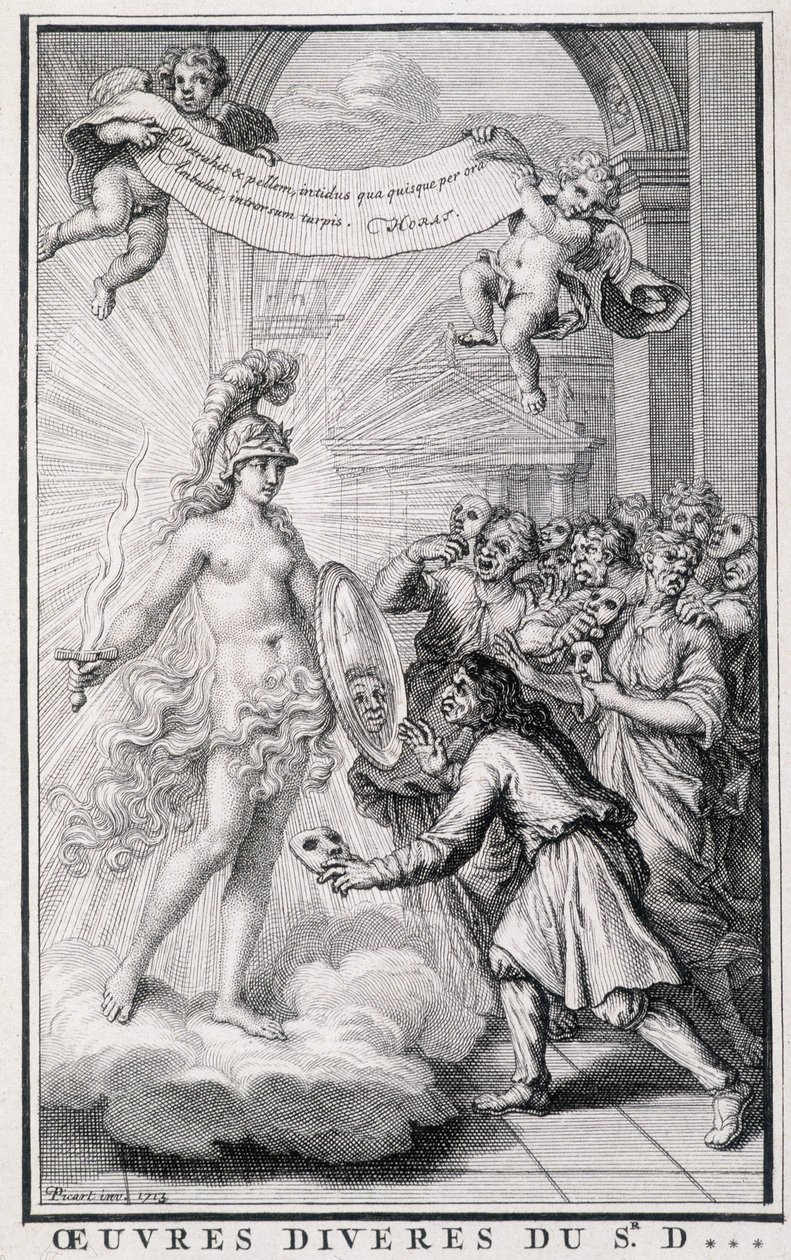 Men looking at themselves without their masks in front of the mirror of the allegory of truth. Engraving of the 18th century by Unknown artist