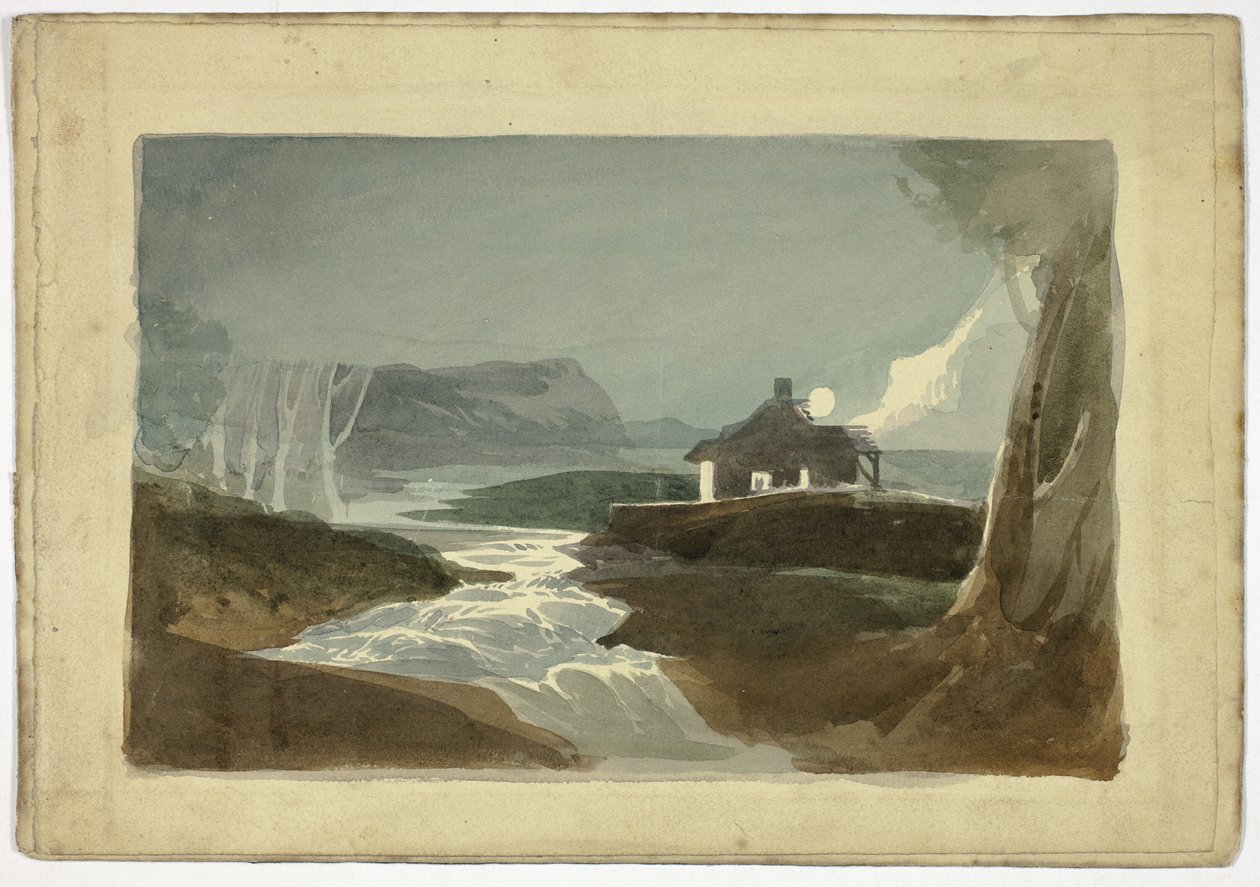 Moon over Cottage by Waterfall; Tower and Thatched-Roof City House by Unknown artist