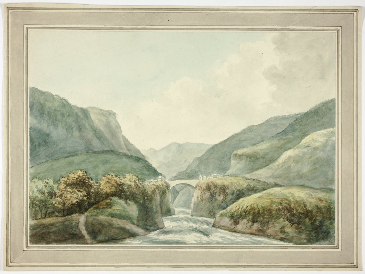 Mountain Town by Bridge Spanning Rapids by Unknown artist