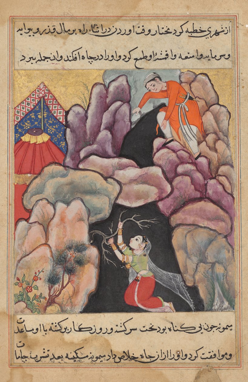Mukhtar throws his wife Maimuna into the pit, but she saves herself, from Tales of a Parrot: Twenty-fifth Night by Unknown artist