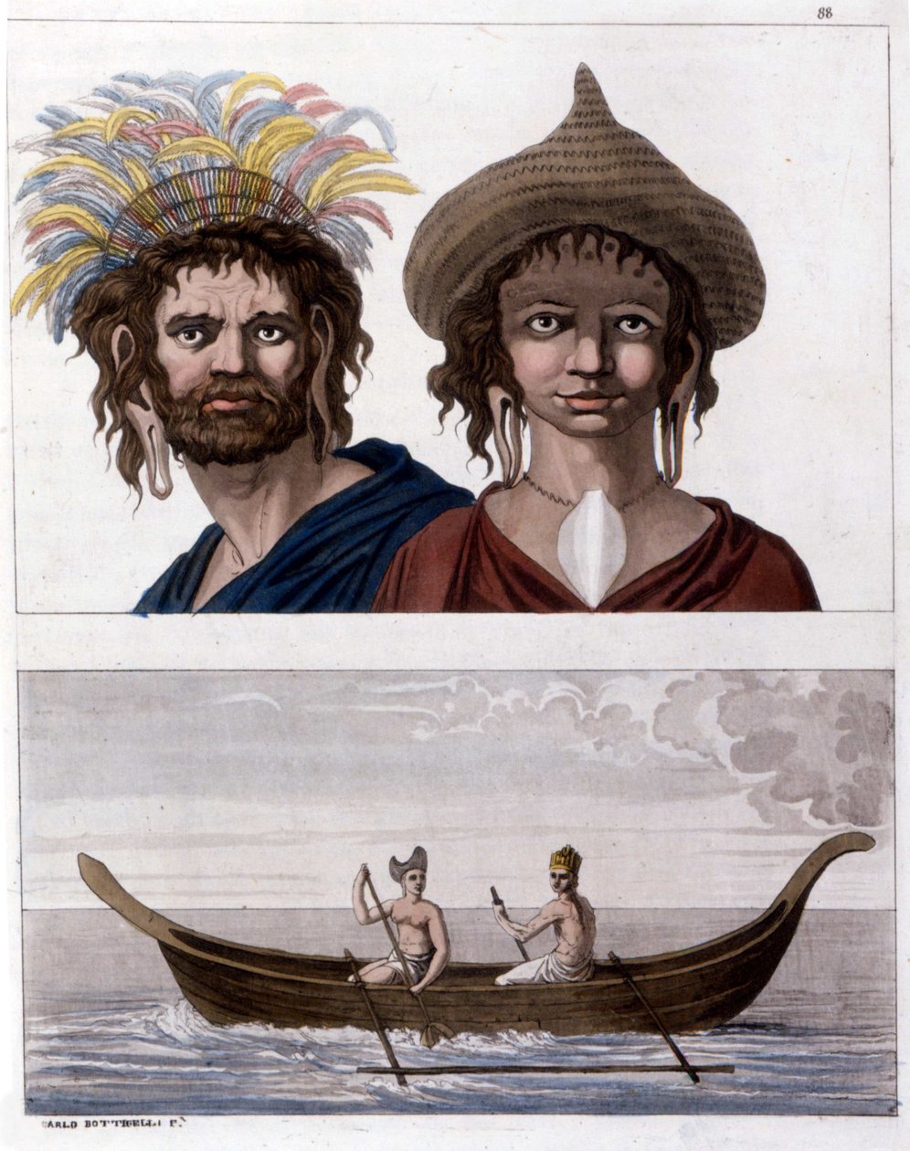 Native to Easter Island (Rapa Nui) in Polynesia, members of the Long Ears clan. Downstairs, one of their boats. - in “The Old and Modern Costume” by Jules Ferrario by Unknown artist