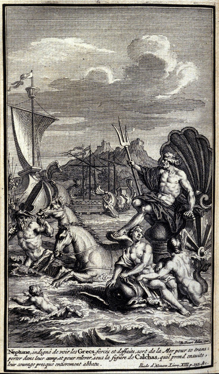 Neptune, unworthy of seeing the Greeks forces and deeds, leaves the sea to transport himself to their camp, and to raise up under the figure of Calchas which he then takes, their courage almost entirely destroyed. Illustration of book XIII of the Iliad of  by Unknown artist