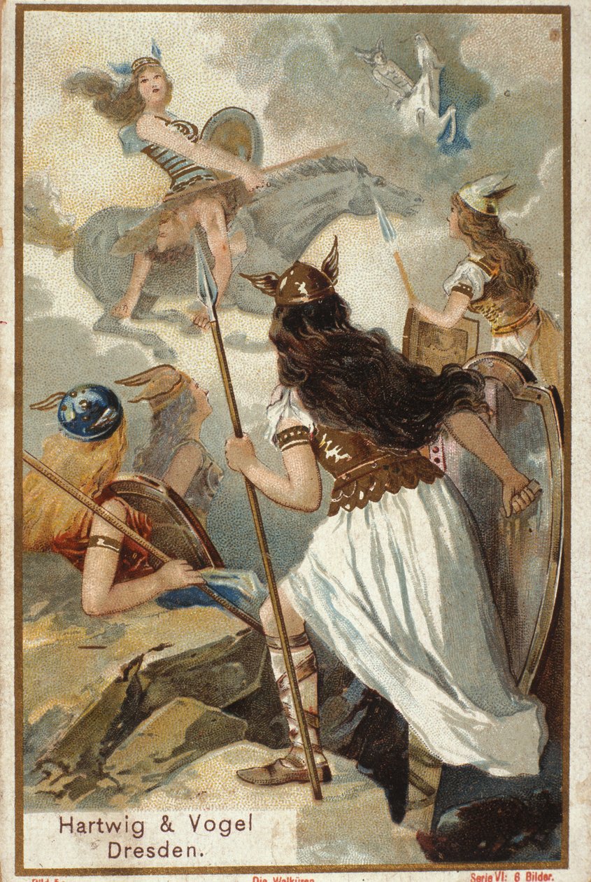 Nordic mythology: The Valkyries (virgin warriors) in Valhalla and the fall of warriors in battle. Chromolithograph of the 19th century by Unknown artist