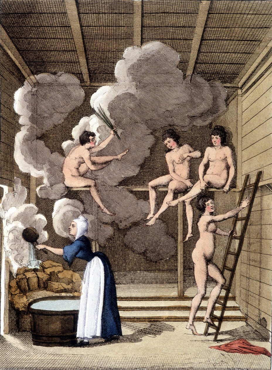 Nude Characters in a Finnish Sauna. Engraving from 1811 Includes a Book About the Journey by Unknown artist