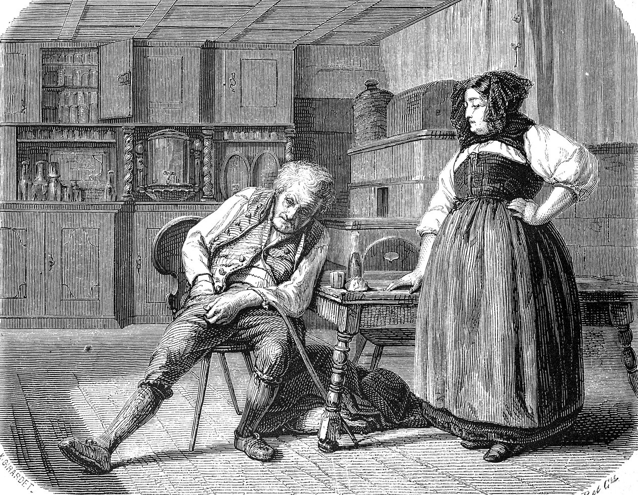 Old Man in an Inn in France, Looking in His Pocket for Money to Pay His Bill by Unknown artist