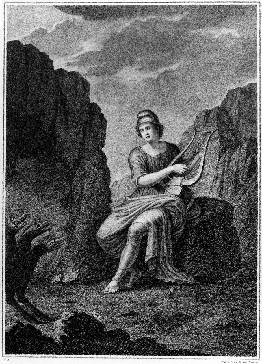 Orpheus at the Entrance of the Underworld meets Cerberus. Lithography. 19th century by Unknown artist