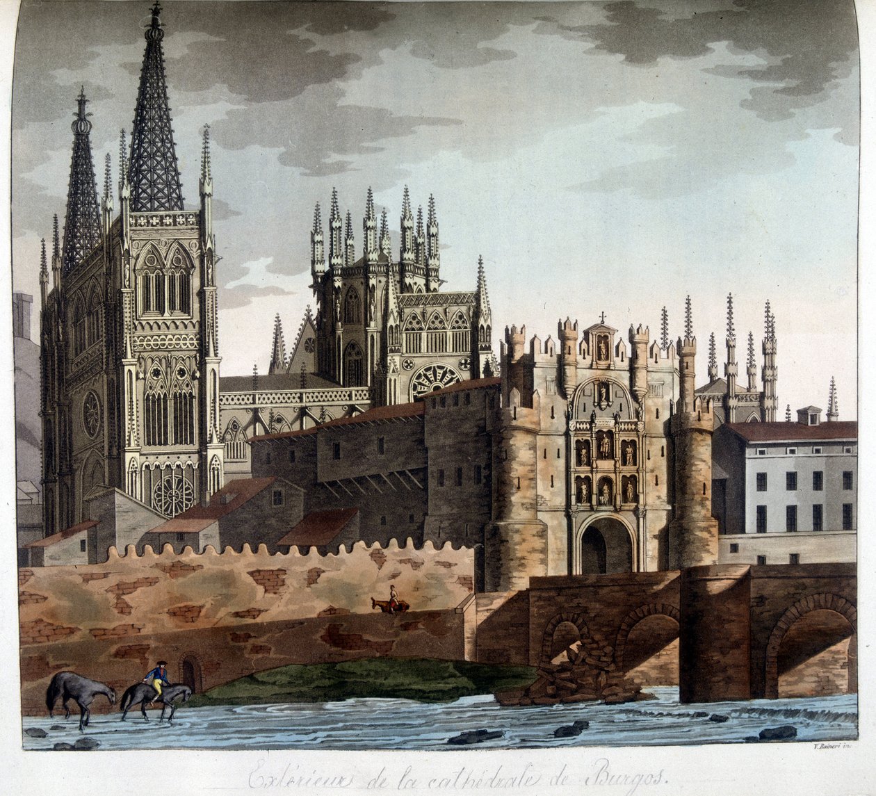 Outside of the Gothic Cathedral of Saint Mary in Burgos, Spain. 19th Century Lithograph by Unknown artist