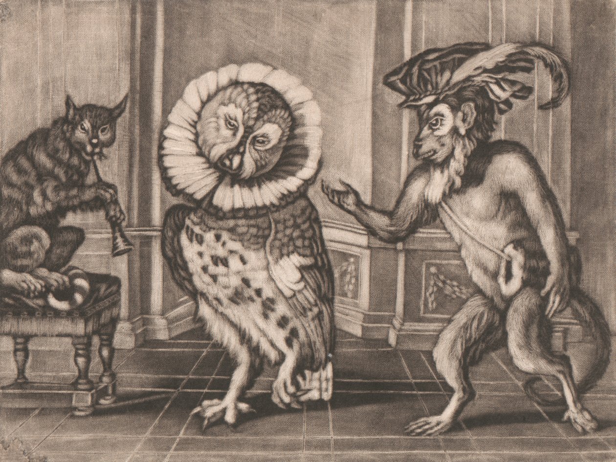 Owl, Monkey and Cat from Mezzotintoes by Smith, Vol. III by Unknown artist