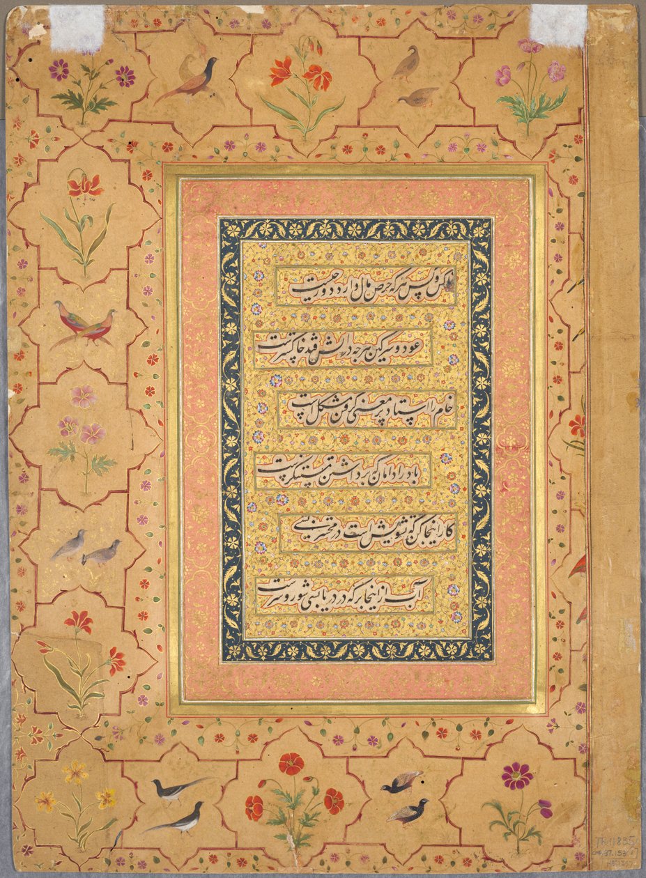 Page from the Late Shah Jahan Album: Calligraphy Framed by an Ornamental Border with Poppies and Pairs of Birds (verso) by Unknown artist