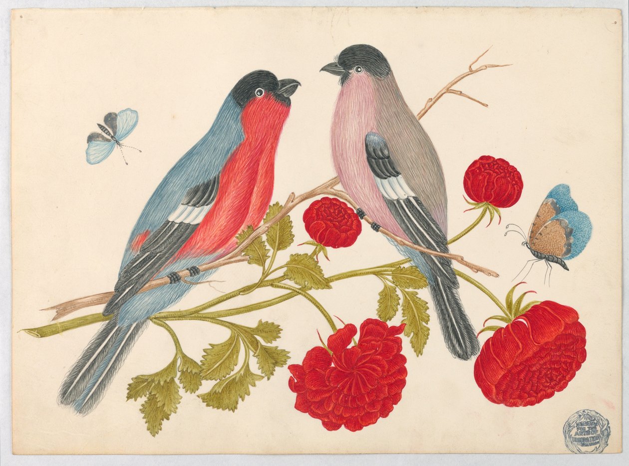 Pair of Birds on Branch with Roses and Butterflies by Unknown artist