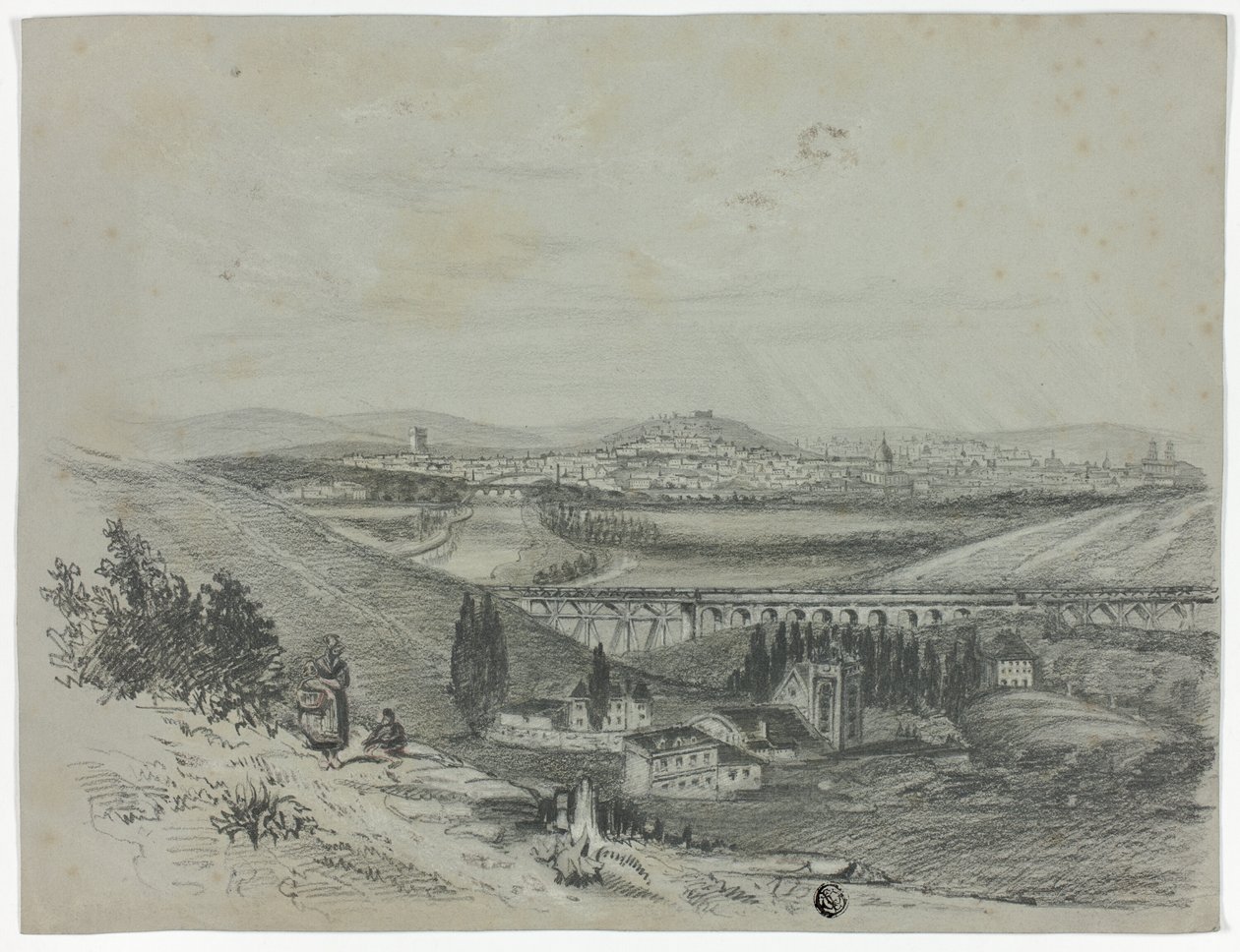 Panoramic View of a Railroad Bridge and City by Unknown artist