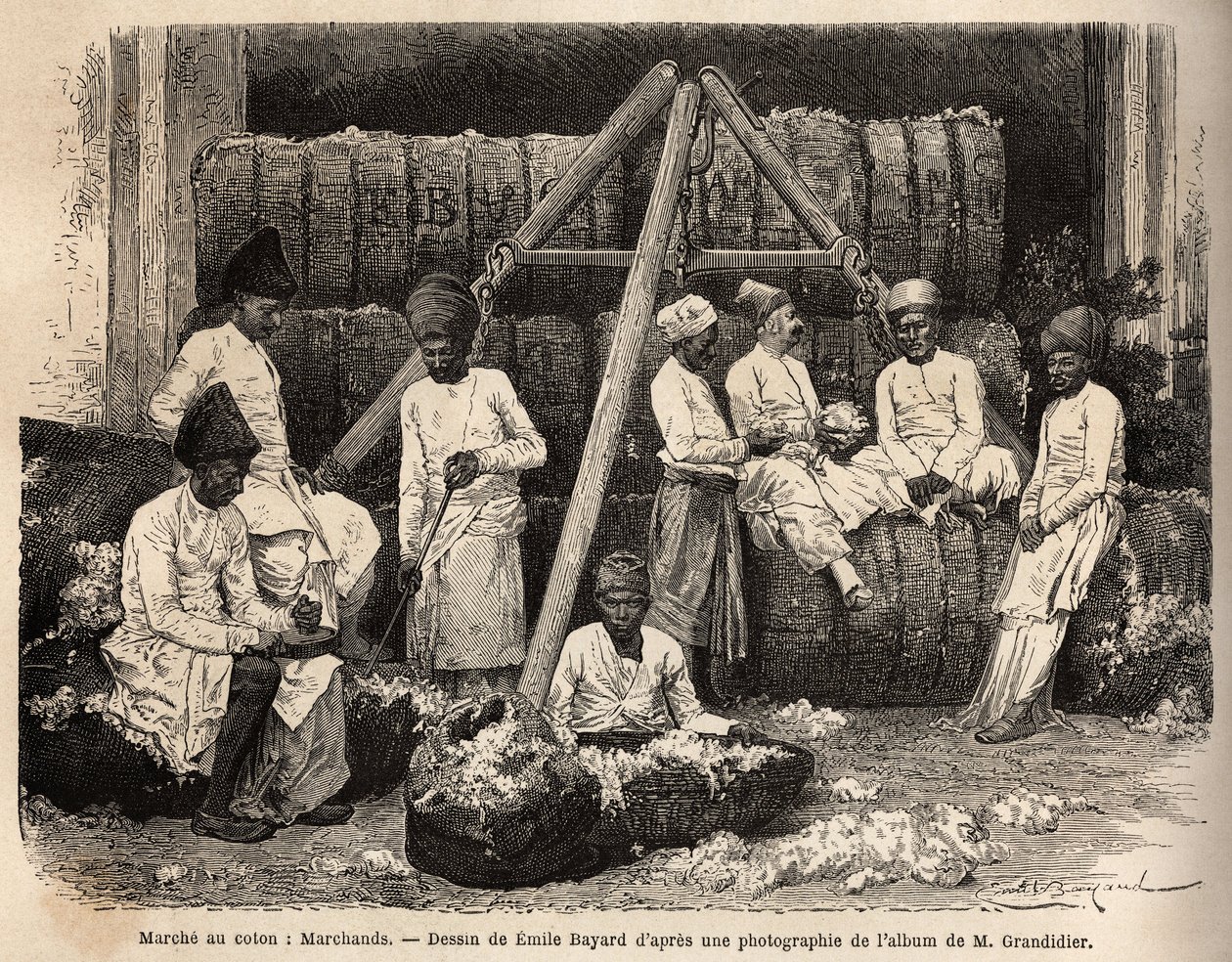 Parsi dealers and merchants at the Bombay cotton market. Engraving to illustrate the voyage in the meridional provinces of India, by Alfred Grandidier, in 1862-1864, published in 