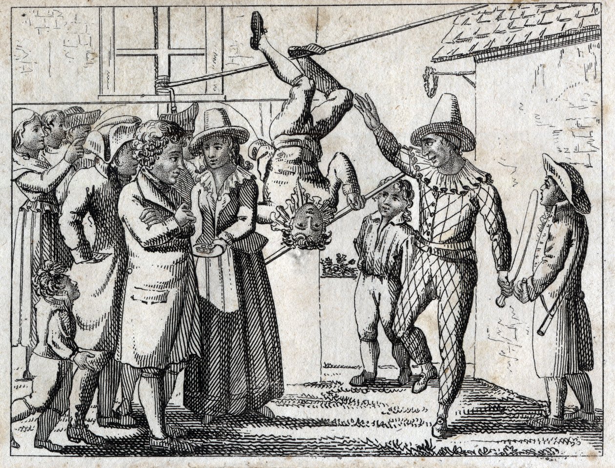 Party in the village: games and disguises. Engraving late 18th century. Private collection. by Unknown artist