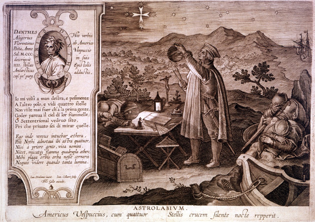 Portrait of Amerigo Vespucci (1454 - 1512), Italian navigator, represented while using an astrolabe. In a box on the left is a portrait of Dante Alighieri as well as a passage of the first song of the Purgatory of the Divine Comedy. Engraving of the 18th c by Unknown artist