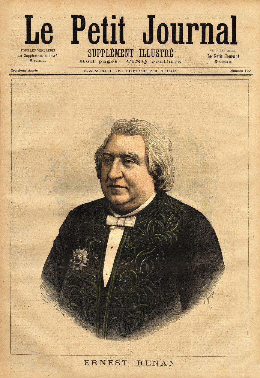 Portrait of Ernest Renan (1823-1892), writer, philologist, philosopher and historian. Popular author of 