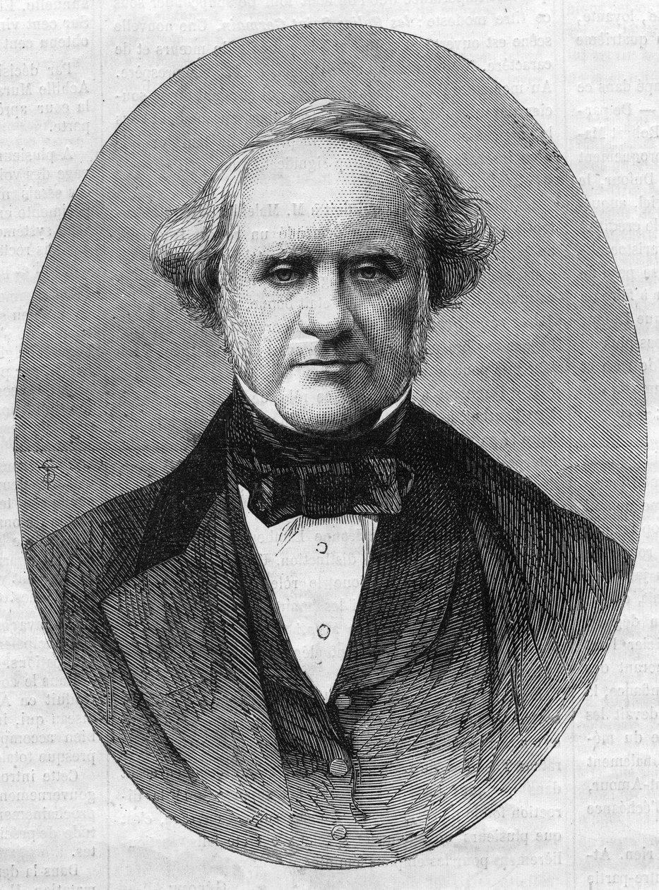 Portrait of George Peabody, entrepreneur and philanthropist founder of the Peabody Institute Conservatory of Johns Hopkins University in Maryland, United States. Engraving in 