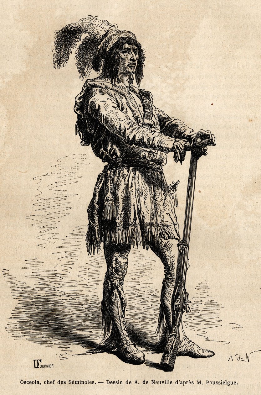 Portrait of Osceola (1804-1838), leader of seminoles, at the head of the Indian resistance against the United States during the Florida War (1835-1842). Engraving to illustrate the story four months in Florida, by Achille Pousselgue in 1851-1852, published by Unknown artist