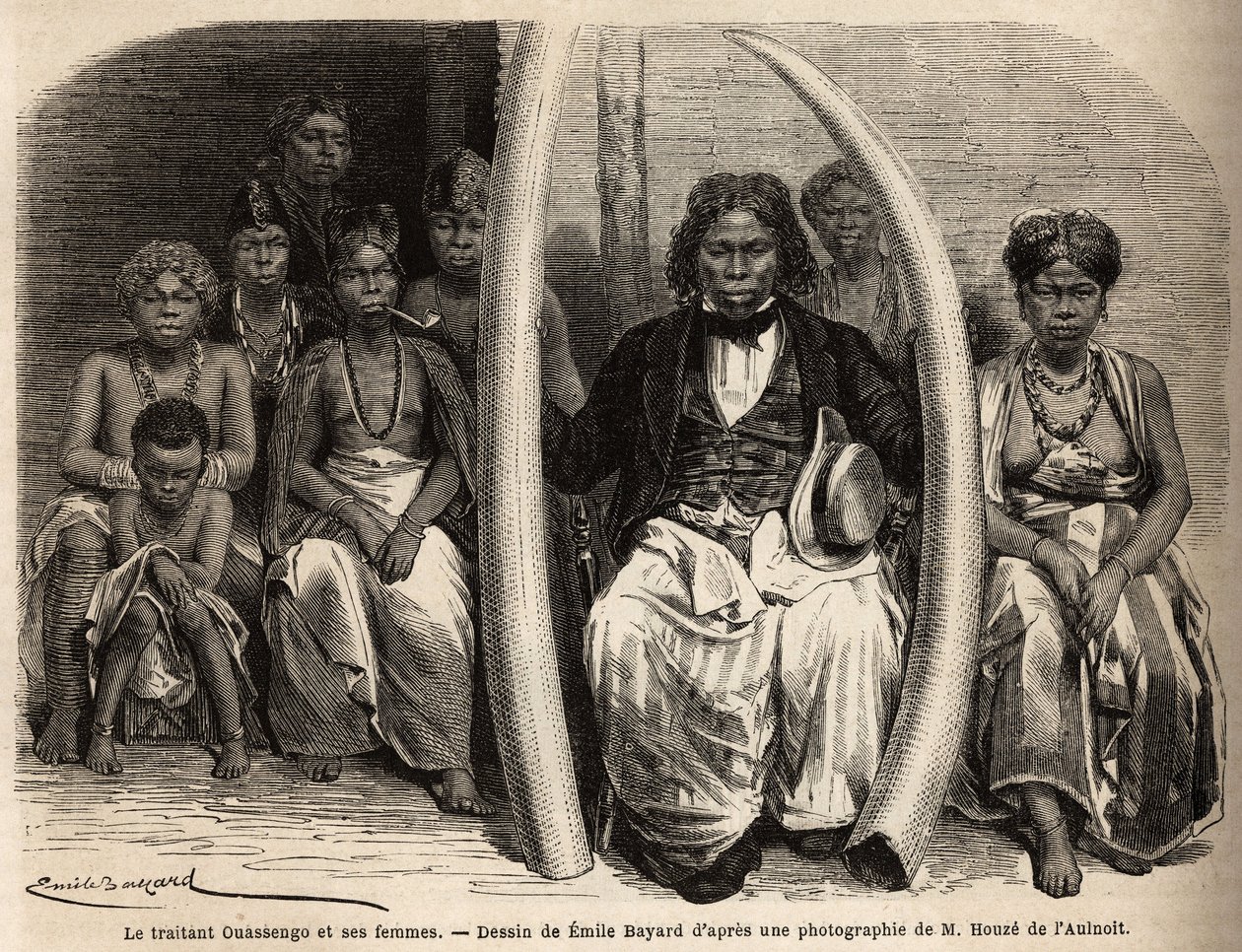 Portrait of an African ivory merchant with his wives. Drawing by Emile Bayard, to illustrate the journey to Gabon, in 1861-64, of Doctor Griffon du Bellay. Engraving in 