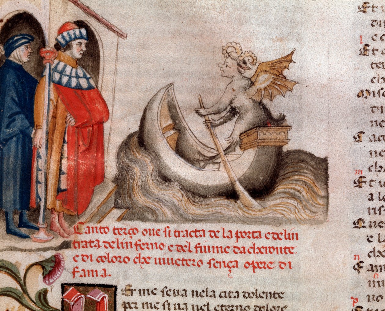 Portrait of italian poet Dante Alighieri looking at Charon his boat crossing the Acheron with the souls (song 3 from Hell, in the Divine Comedy) - miniature 15th century by Unknown artist
