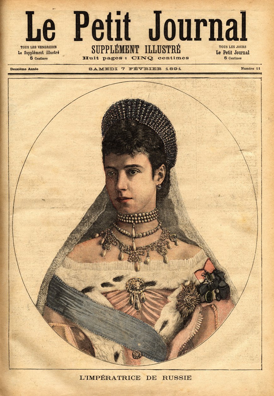 Portrait of the Danish Princess Mary Sophie Dagmar (1847-1928), who married under the name of Mary Feodorovna (or Fiodorovna, or Fedorovna), in 1866, Alexander Alexandrovich Romanov (1845-1894), or Alexander III emperor (tsar) of Russia. Engraving in 