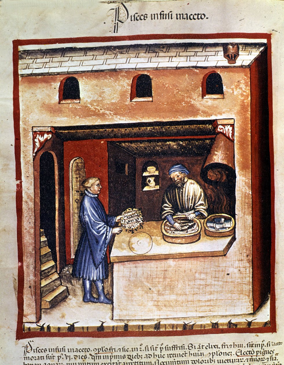 Preparation of marine fish in vinegar. Illumination from the Tacuinum sanitatis by Unknown artist