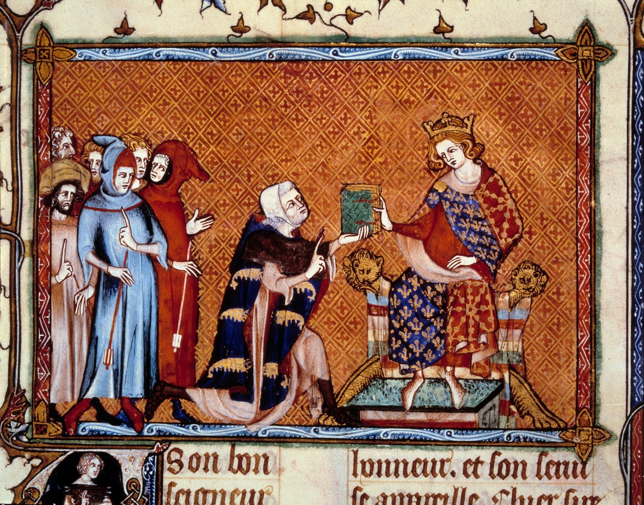 Jean de Joinville (1224-1317) offers his book to Louis King of Navarre future Louis X the hutin by Unknown artist