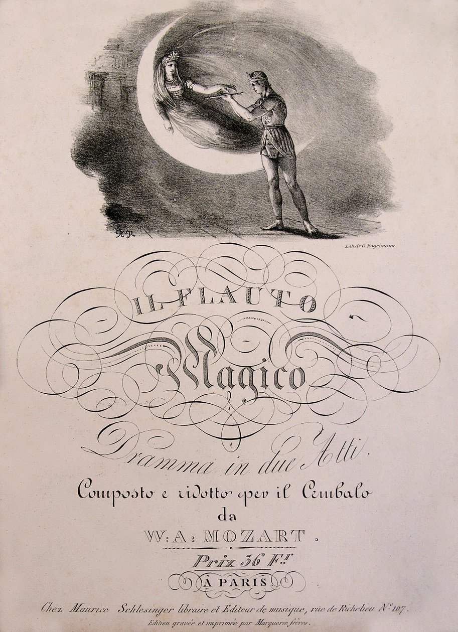 Prince Tamino receives the enchanted flute of the Queen of the Night, cover illustration of the partition book of 