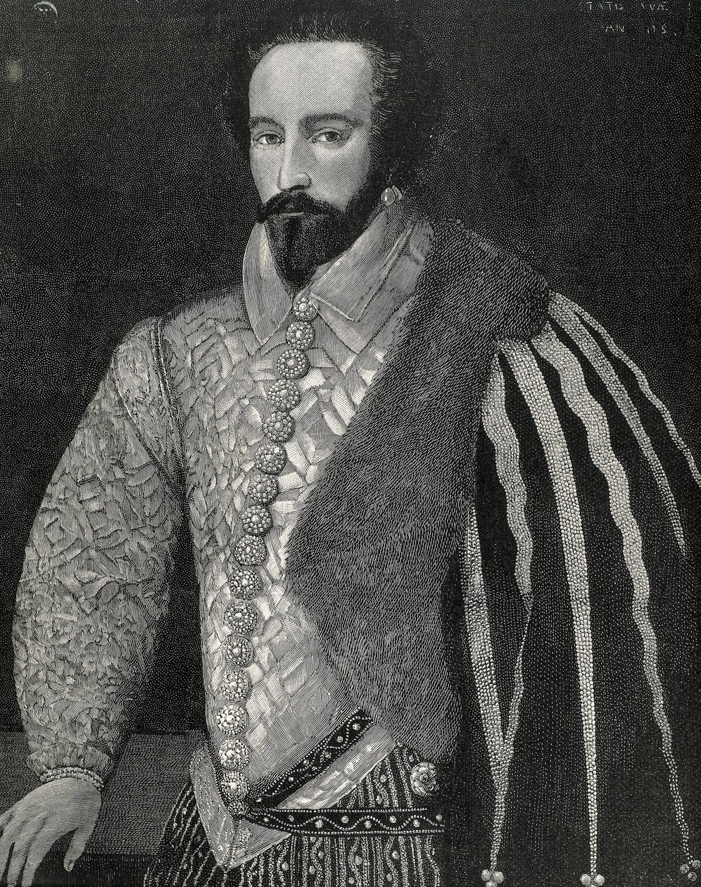 Portrait of Sir Walter Raleigh. Engraved in 1891, executed after an anonymous original that is preserved at the National Portrait Gallery of London (engraving) by Unknown artist