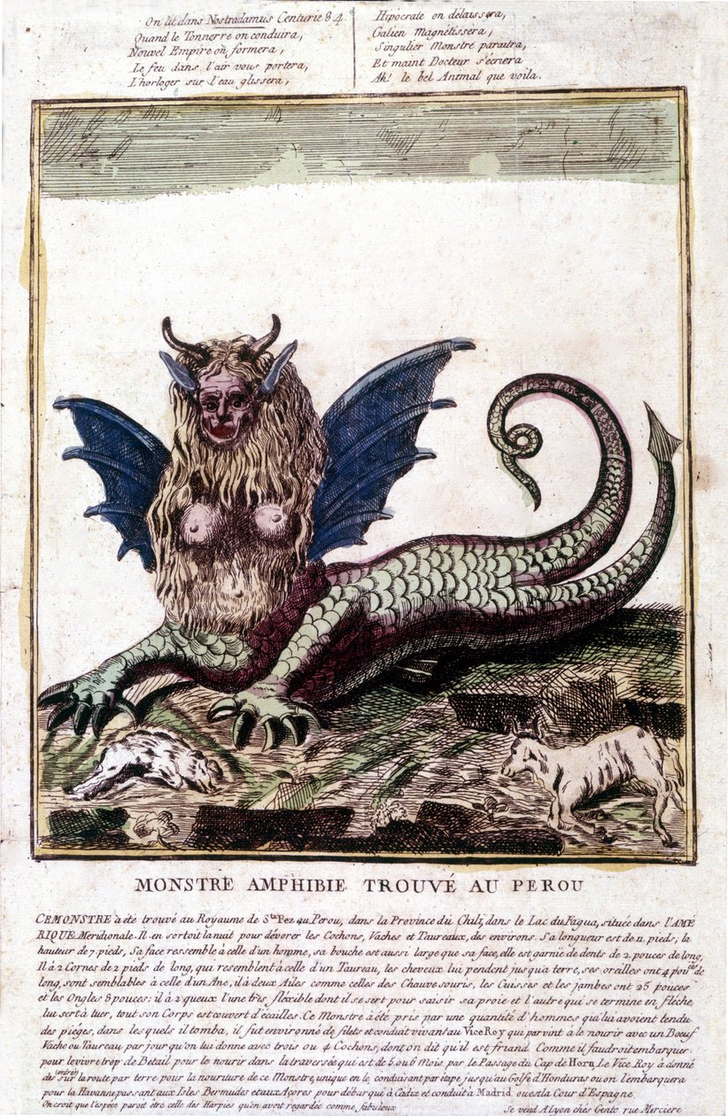 Representation of a monster found in a Peru lake: it has a human face, horns, dragon wings, a lion