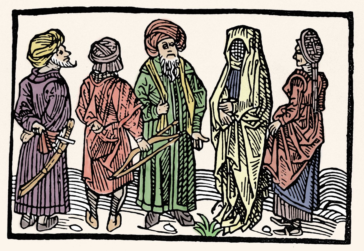 Representation of buckwheat. Men with arms with intertwined heads and veiled women. Xylography of the 15th century by Unknown artist