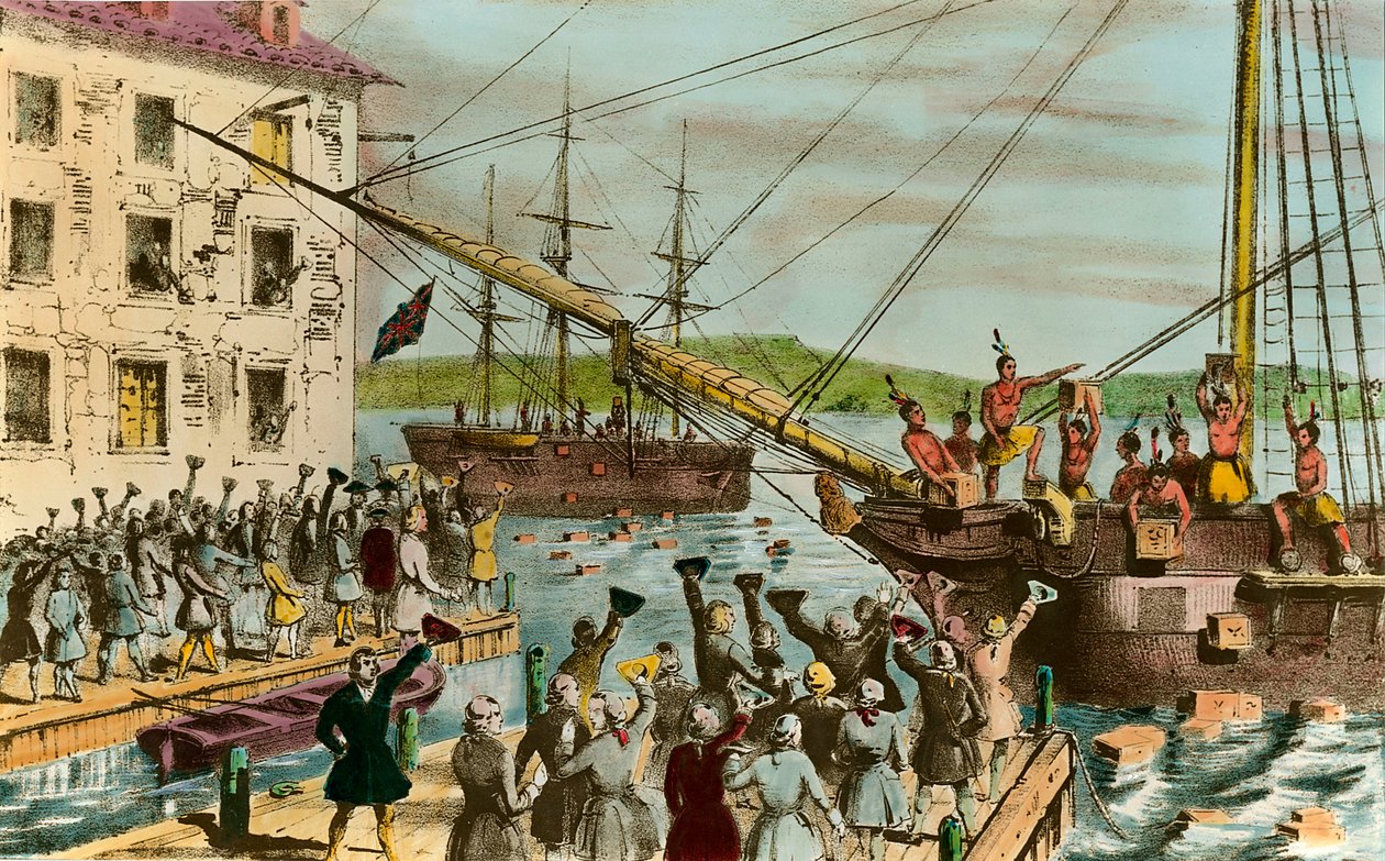 Representation of the Boston Tea Party: during the United States War of Independence: revolt of American settlers (of British origin) against taxes imposed by the English Parliament on the tea and other foodstuff by Unknown artist