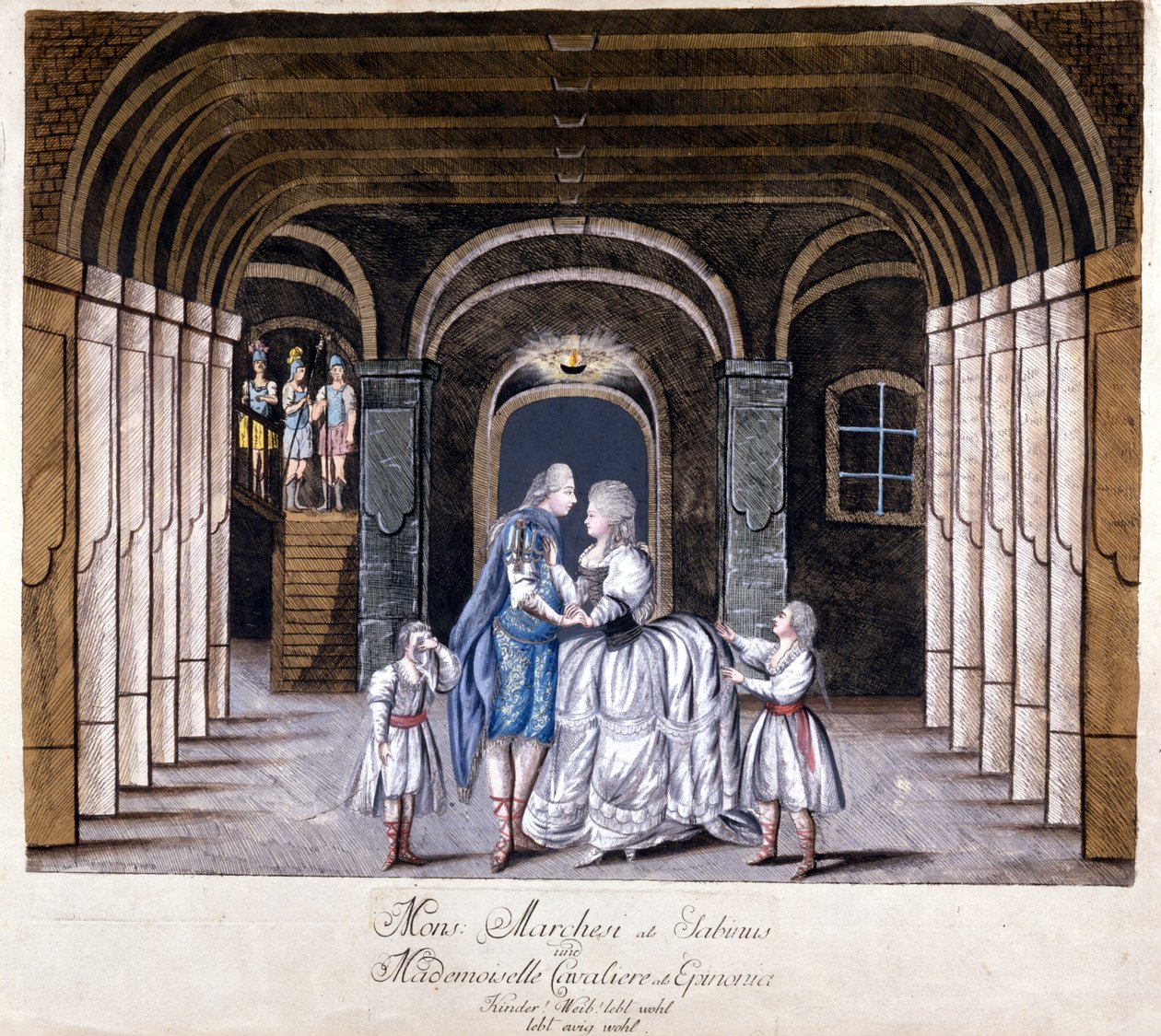 Representation of the opera “Giulio Sabino” by Giuseppe Sarti (1729-1802) in Vienna in 1785. On stage Caterina (Katharina) Cavalieri and the castrate Luigi Marchesi. by Unknown artist