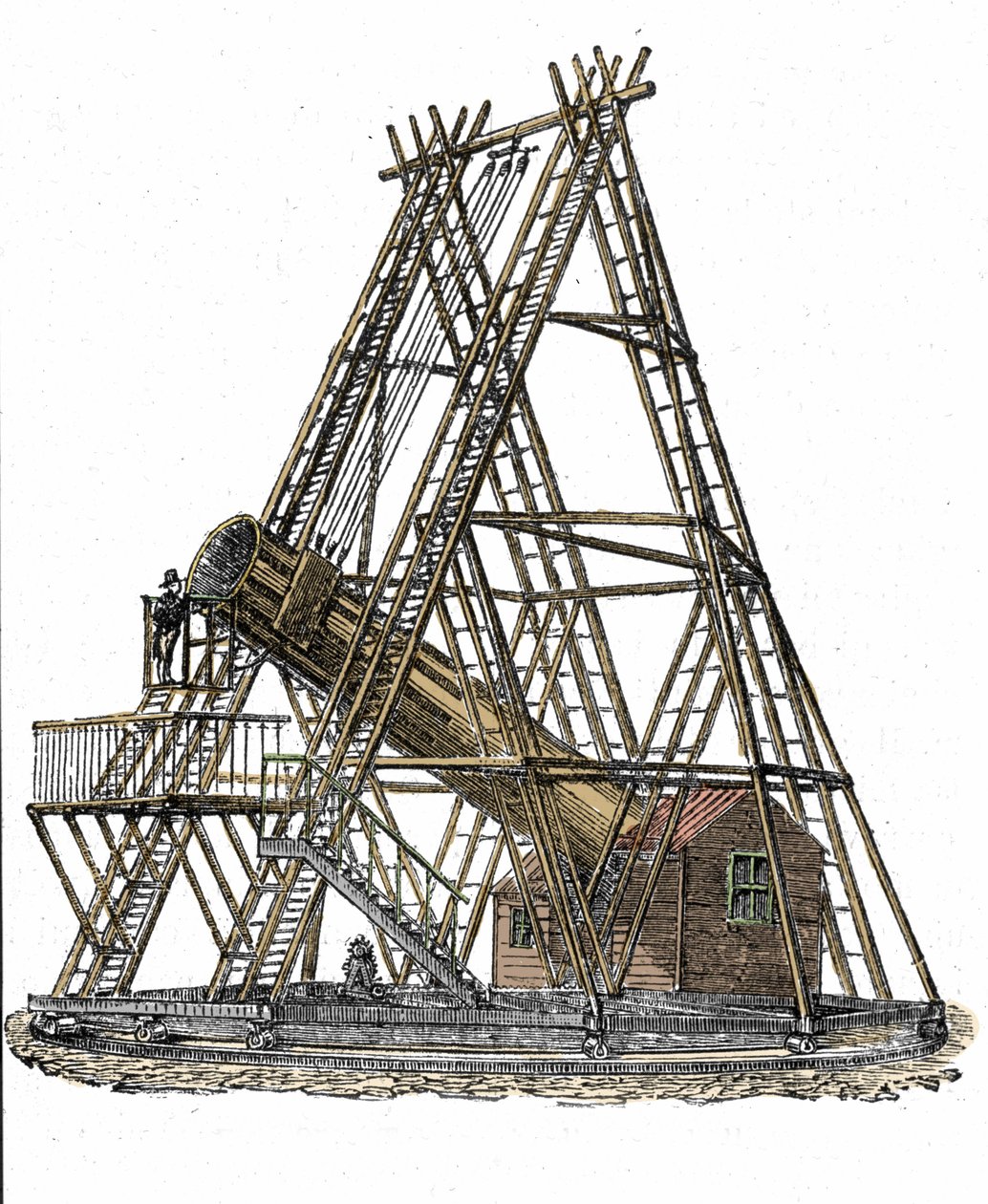 Representation of the telescope of the English astronomer William Herschel (1738-1822). Engraving of the 19th century by Unknown artist