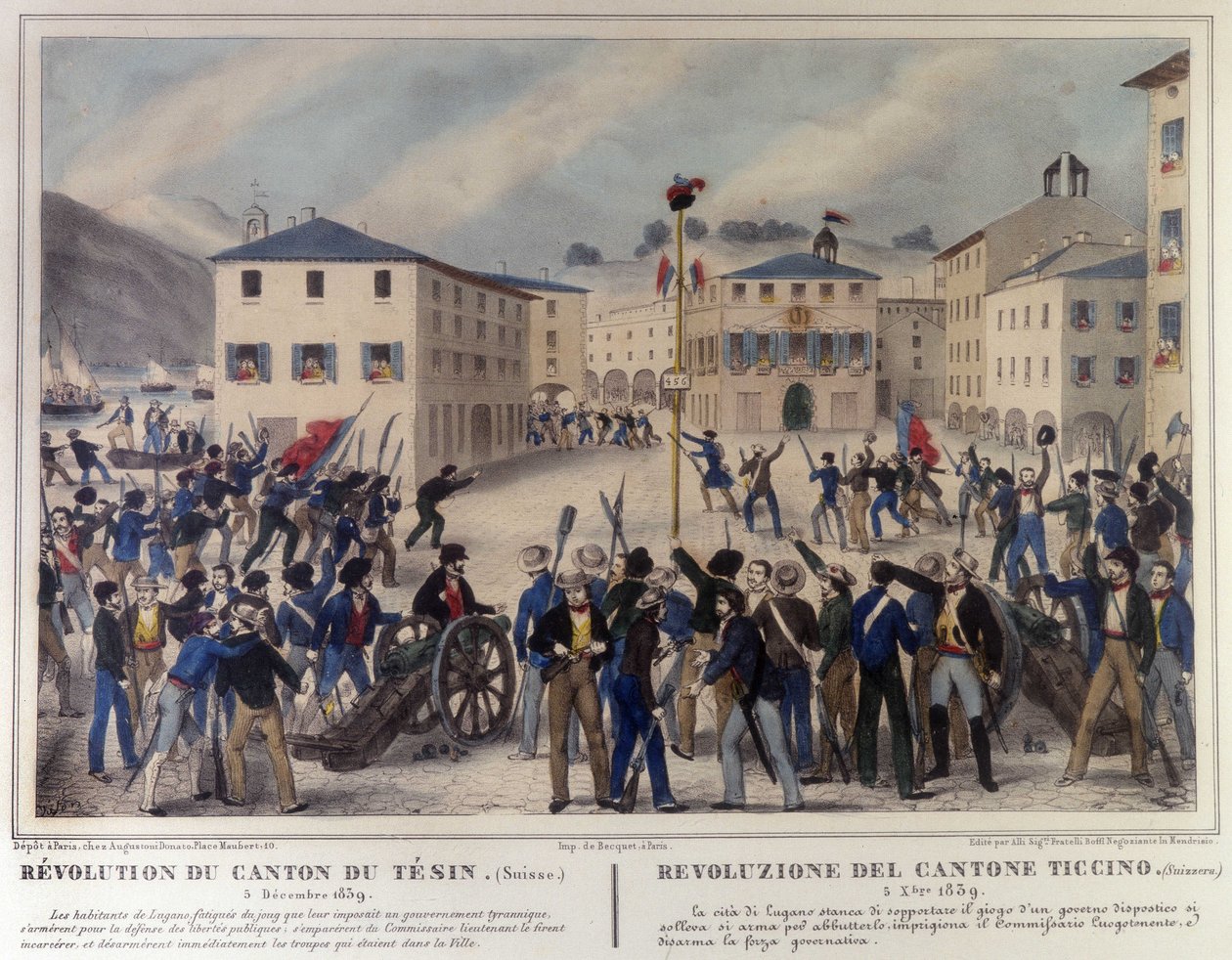 Revolution of the Canton of Ticino in Switzerland on 5 December 1859. Engraving of the 19th century by Unknown artist
