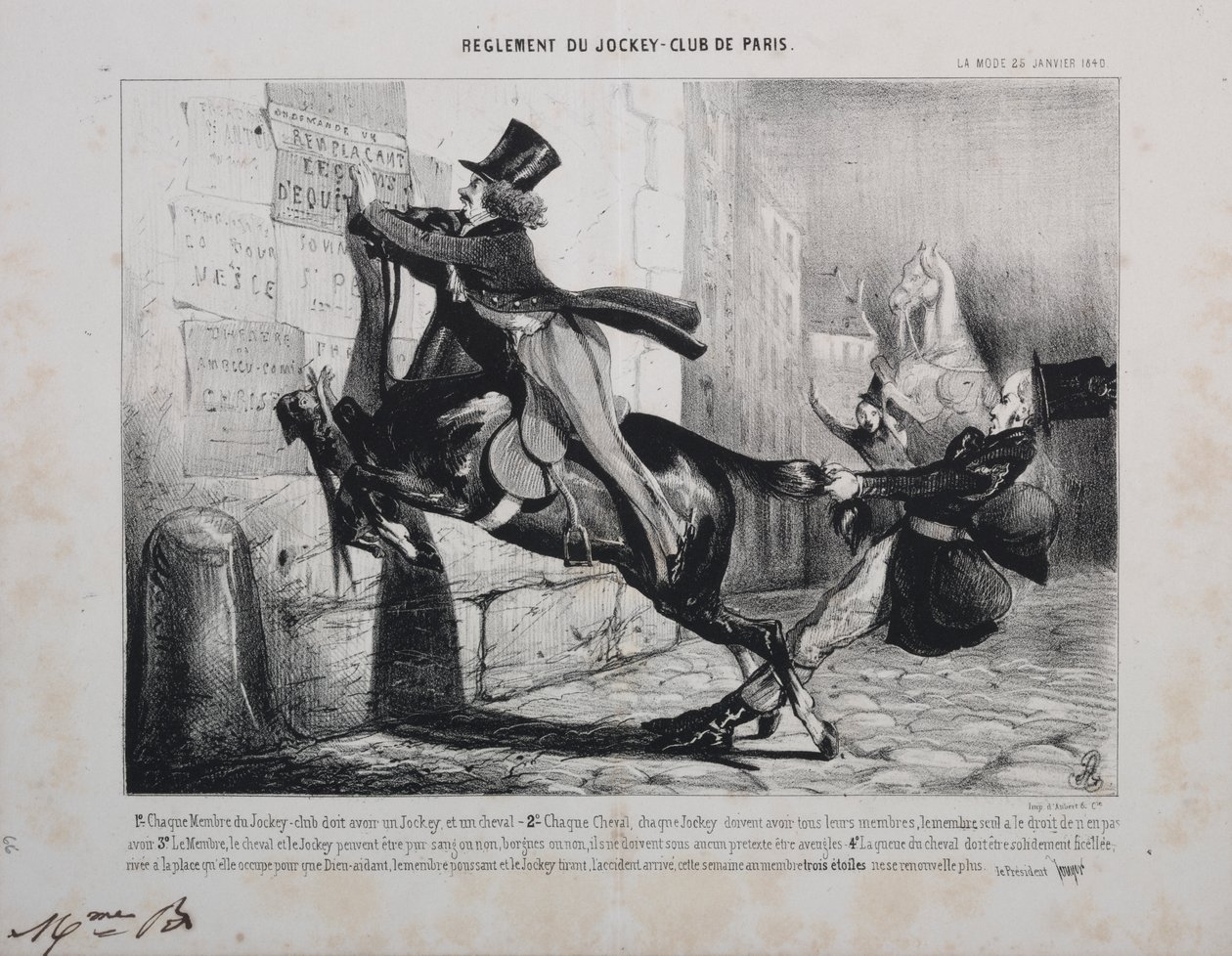 Regulation of the Jockey Club of Paris: Each member of the Jockey Club must have a Jockey, and a horse... by Unknown artist