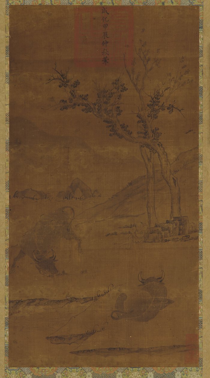 River Landscape: Two Water Buffaloes and a Napping Herd-boy by Unknown artist