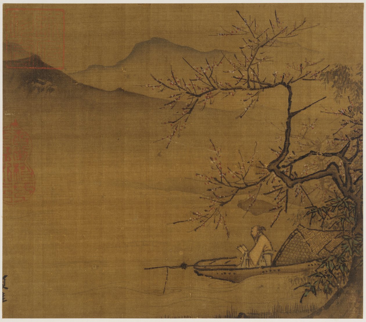 River Landscape: A Man Reading in a Boat Moored Under a Blossoming Tree by Unknown artist