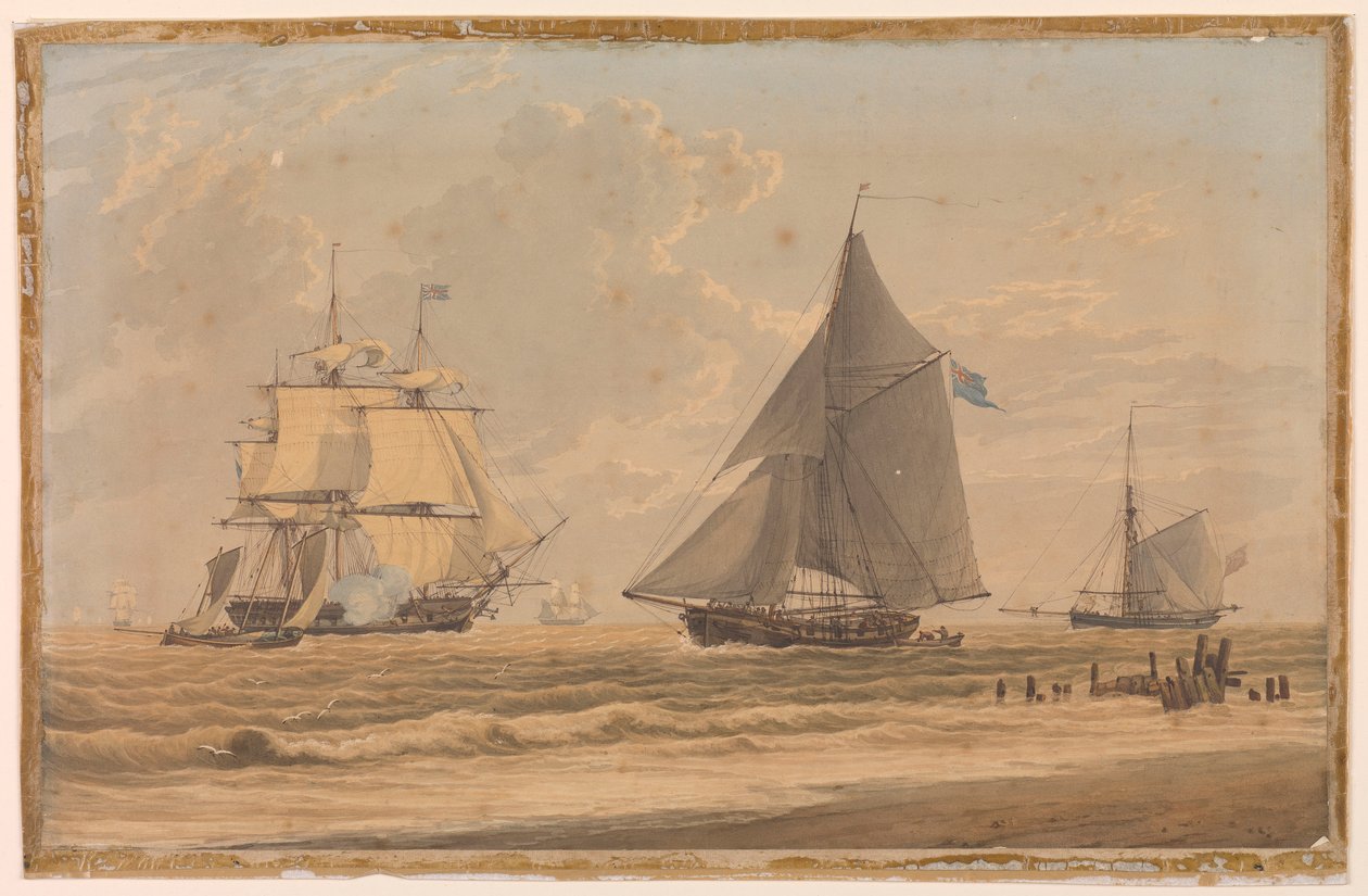 Royal Navy sailing vessel by the shore, early 19th century by Unknown artist